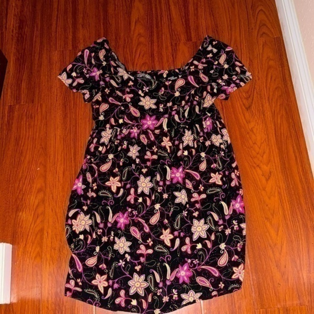 David Wayne floral contrast black pink mini dress short sleeve fit flare L